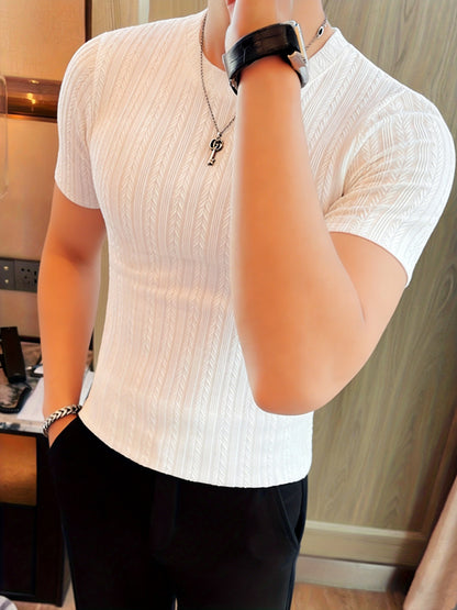 Men'S Short Sleeve Jacquard T-Shirt | Fashionable Autumn- Casual Top, Crew Neck, Slight Stretch Fabric, Solid Color, Skinny Fit - ayq