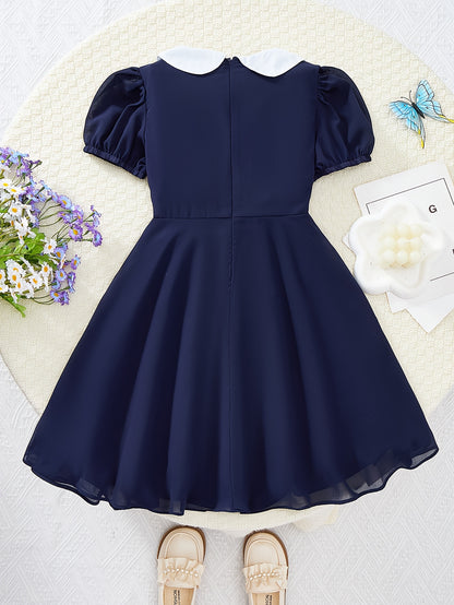 Girls' Summer Preppy Lace Chiffon Dress with Lapel Collar