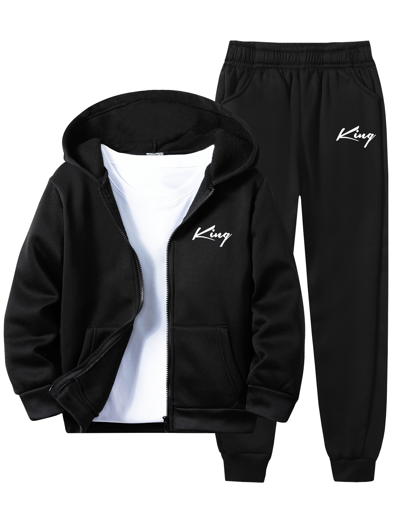 2pcs children's autumn and winter velvet zipper hooded shirt + pants, letter print boys' fashionable casual sports suit, suitable for jogging and daily wear