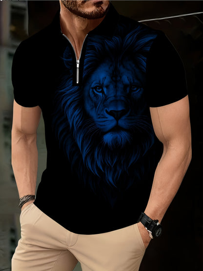 Men's Zip Shirt Short Sleeve Summer Trendy Lion Print Collar T-Shirt Business Casual Slim Fit Men's Top Women's Clothing