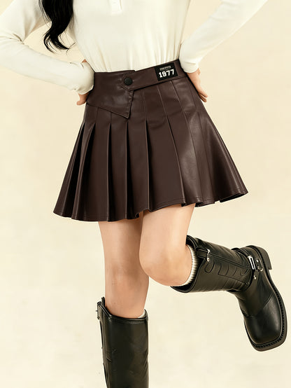Girls' Preppy A-Line Cotton Pleated Skirt with Belt, Black