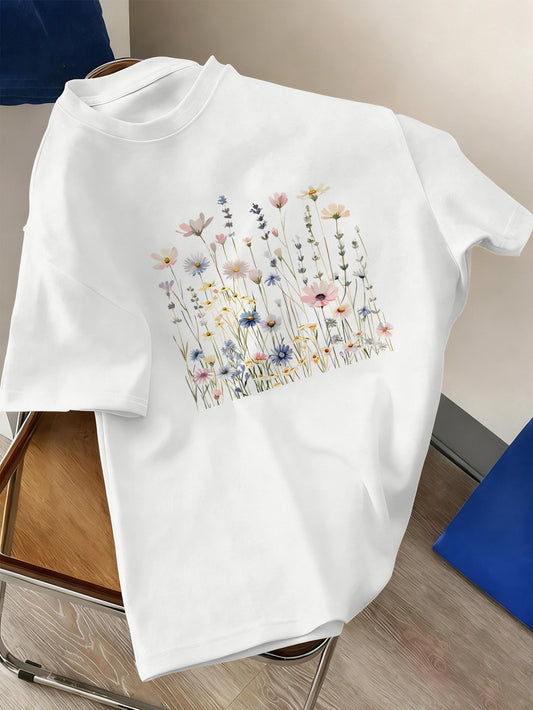 Women’s Cotton Crew Neck T-Shirt with Geometric Wildflower Print - ayq