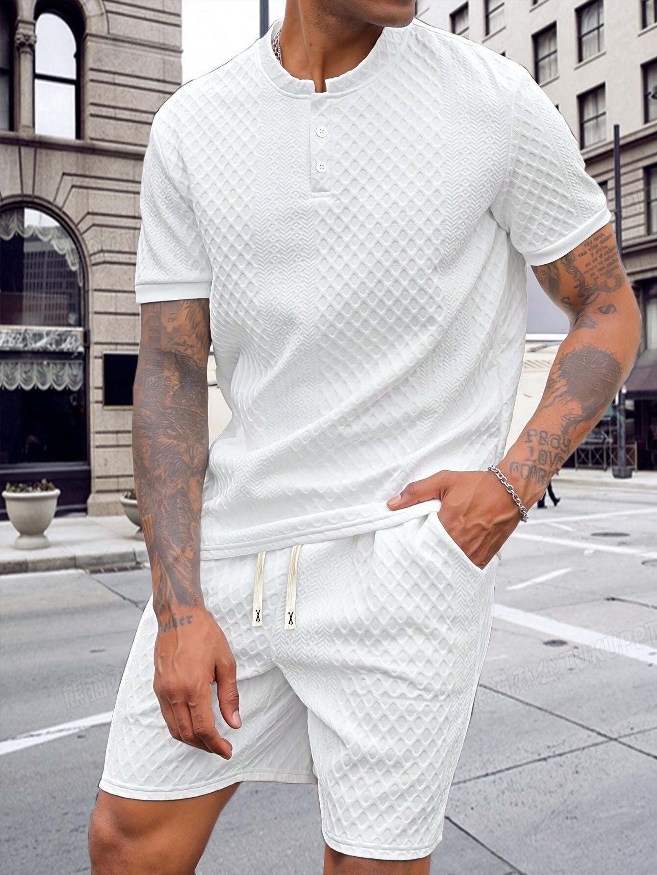 2pcs Set, Men's Casual Suit, Jacquard Fabric, Round Neck Short Sleeves with Buttons, Jacquard Shorts with Drawstring - ayq