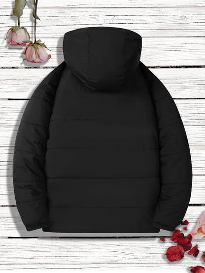 Women's Casual Hooded Jacket with Bold Letter Print, Relaxed Fit Winter Windproof Coat, 100% Polyester Zipper Pockets Mid-Length Outdoor Jacket, Machine Washable Cold Weather Clothing - Perfect Gift for Her