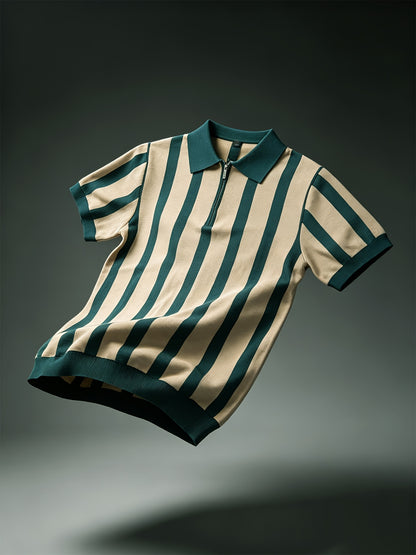 Men's Slim Fit Vertical Stripe Knit Polo with Half-Zip Collar