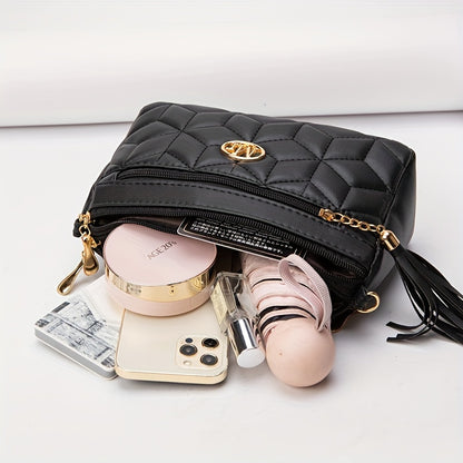 Quilted Women'S Crossbody Bag with Large Capacity, Casual Shoulder Bag Featuring Tassel Decorations, Multiple Zip Openings, And Adjustable Shoulder Strap