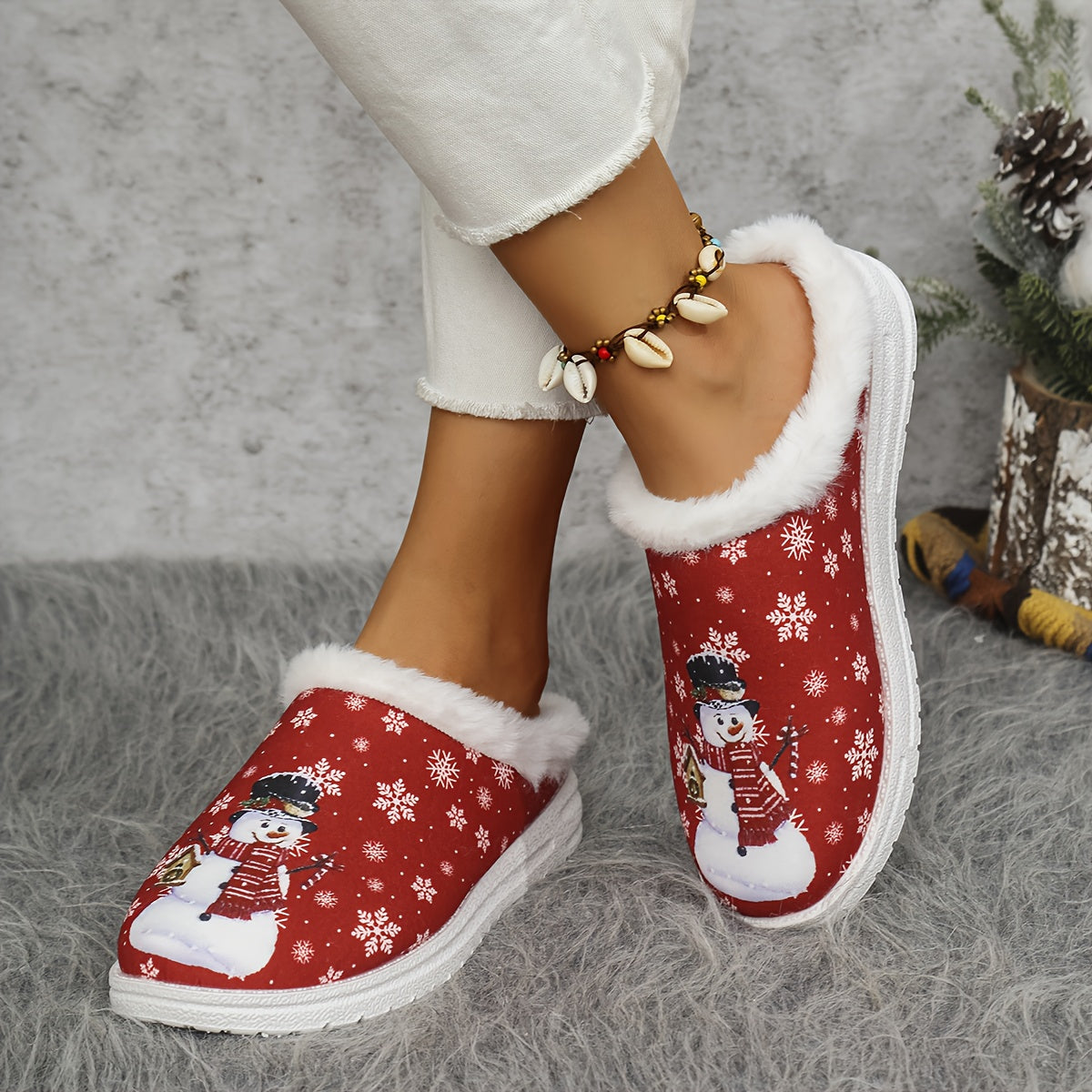 Women's Winter Plush Slip-On Moccasin Slippers with Faux Fur Trim - Red & White Snowflake & Hearts Design, Soft PU Sole & Cozy Lining, Red/White/ Color Options, Casual Winter Shoes for Indoor/ Use, Hand Washable (Ideal for Ch