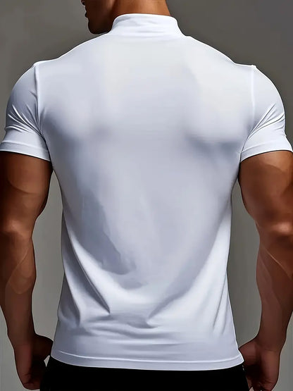 Men's Casual High Neck Short Sleeve T-Shirt with Geometric Pattern