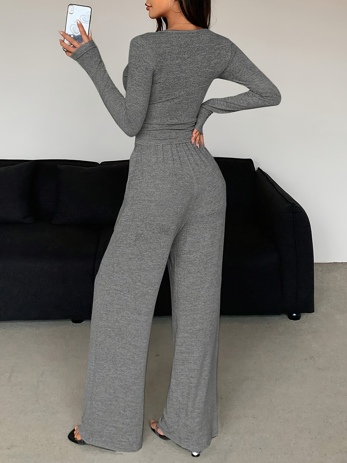 Elegant Fall/Winter Slim-Fit Cropped Top & Wide-Leg Pants Set - ayq