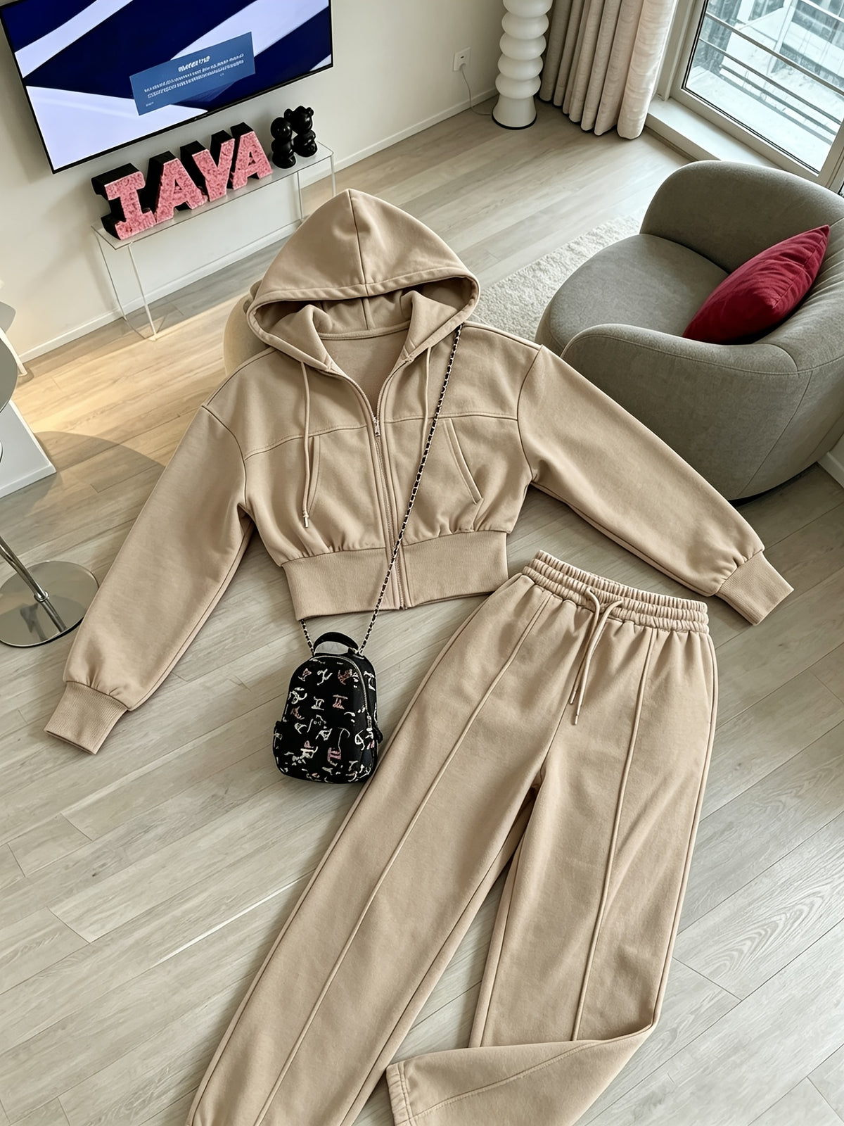 Women's Loose Cropped Hoodie Set with Matching Pants