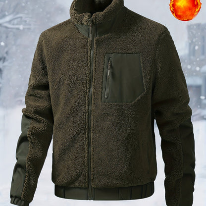 Men'S Heavyweight Fleece Jacket - Thermal Winter Coat with Stand Collar, Zipper Closure, Front Pockets - Brown/ - Cold Weather Outerwear for Everyday & Formal, Winter Jacket, Casual Outerwear, Durable Polyester, Seasonal Fash