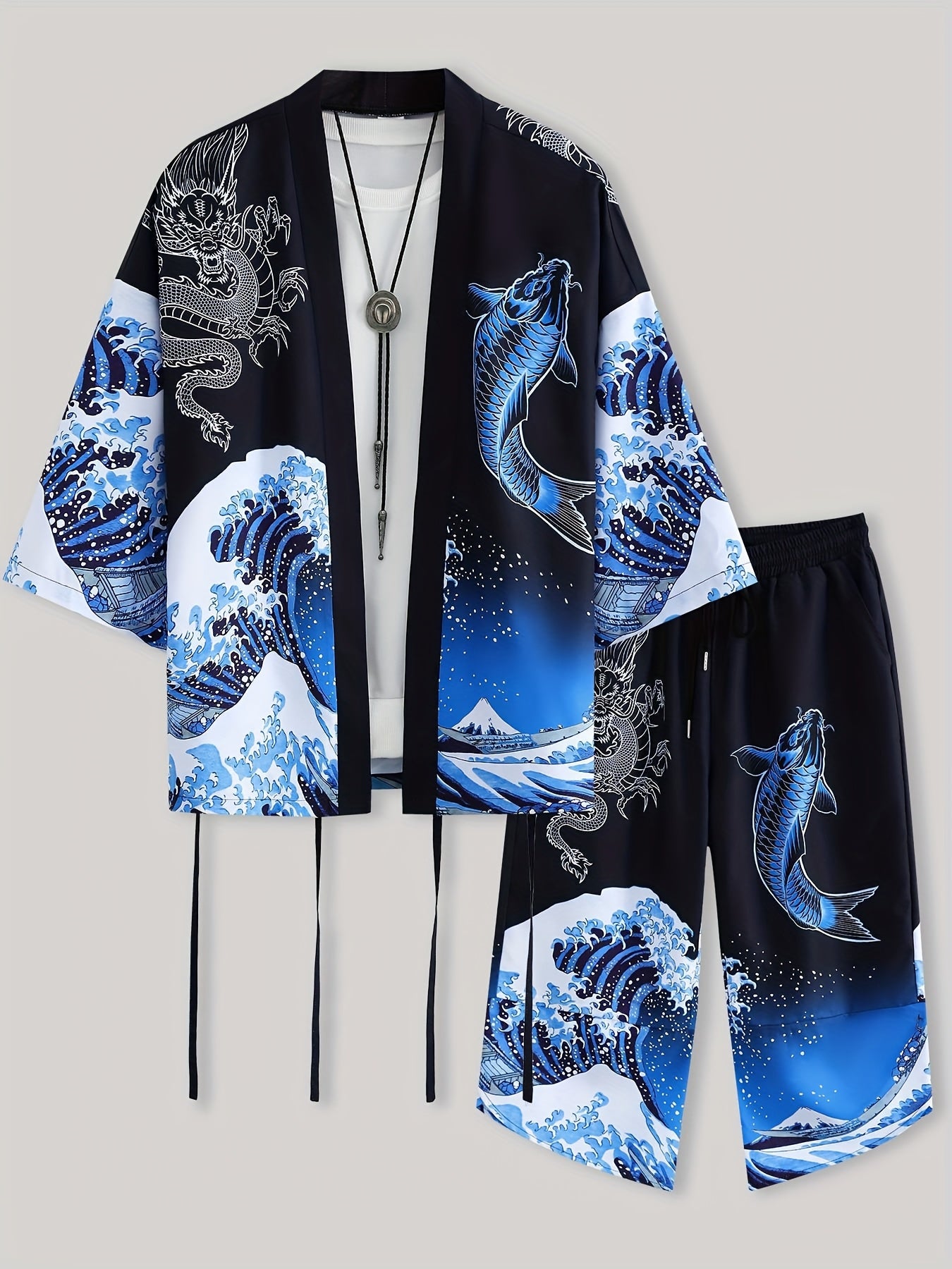 Men's Kimono Set with Carp Leaping Over the Dragon Gate Pattern