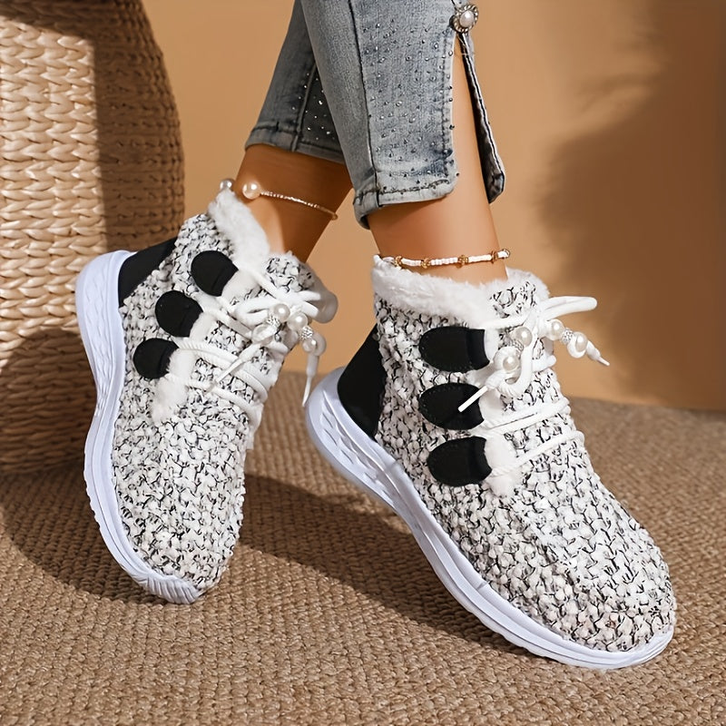 XS Women's Fashionable Comfortable Warm Light White Plush Lace-Up Short Boots + Faux Fur Texture, Trendy Casual Snow Boots, Long Winter Boots for Women, Wide Fit Boots for Women Plus Size Faux Fur Boots, Snow Boots for Women