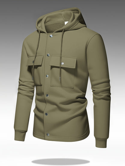 Men's Heavy-Duty Hooded Sweatshirt with Full-Zip Front & Utility Pockets - Olive Green Tactical-Style Outdoor Jacket, Long Sleeve Casual Pullover for Hiking, Camping, Casual Attire - Spring/Fall Layering Essential (Regular Fi