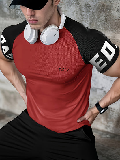 Men's Quick-Dry Breathable Mesh Sports T-Shirt - Summer Gym Workout Top with Contrast Black  White Sleeves  for Man Letter Print, Slim Fit for Running Training Casual Wear, Breathable Running Gear   Sporty Casual Tee   Mesh