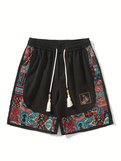 2pcs Men's Summer Casual Outdoor Set, Fashion Ethnic Style Round Neck Short Sleeve T-Shirt and Shorts Suit with Embroidery Design Loose Fit, Short Sleeve + Drawstring Shorts Combo, Suitable for Summer Outdoor Activities