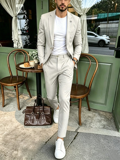 Men's Light Luxury 2-Piece Suit Set with Lapel Collar