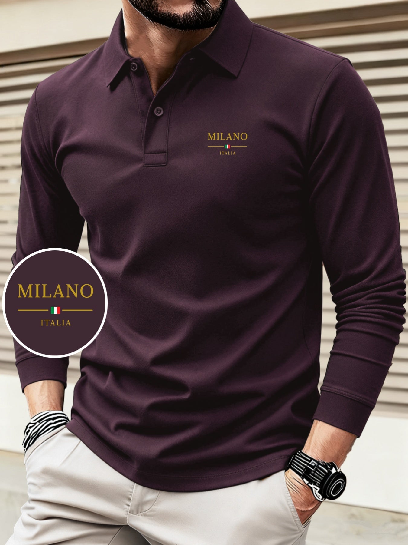 Men's Autumn/Winter Long Sleeve Polo Shirt with Geometric Print