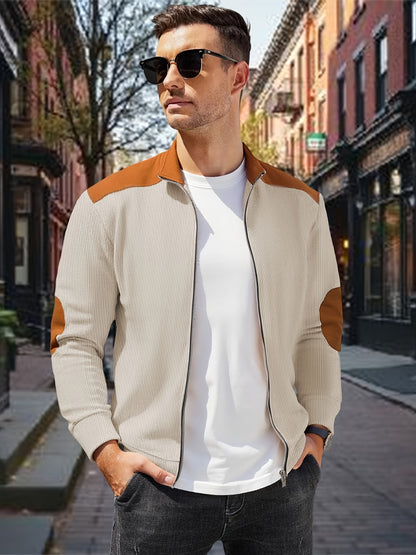 Men'S Long Sleeve Patchwork Fashion Warm Jacket, Corduroy Long Sleeve Warm Coat with Zipper Stand Collar Long Sleeve Casual Comfortable Autumn and Winter Style