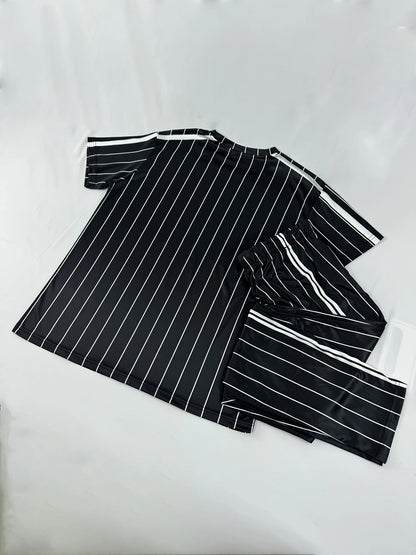 Summer Men's Striped Vertical Stripe 3D Print Casual Sports Short Sleeve Suit Fitness Sportswear Shorts T-shirt Men's Set Outdoor Sports Drawstring Pocket Hoodie Two-piece Set