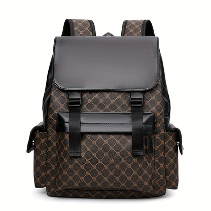 Men'S Stylish Black  Brown Gingham Print Backpack - Versatile Commuter Bag with Multiple Pockets, Adjustable Straps, and Golden-Tone Hardware for Work, Travel, and Study, Travel Backpack   Gingham Pattern   Synthetic Backpac