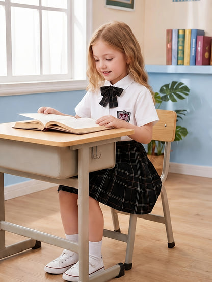 Girls' Preppy JK Style Plaid Set with Bow Tie & Pleated Skirt