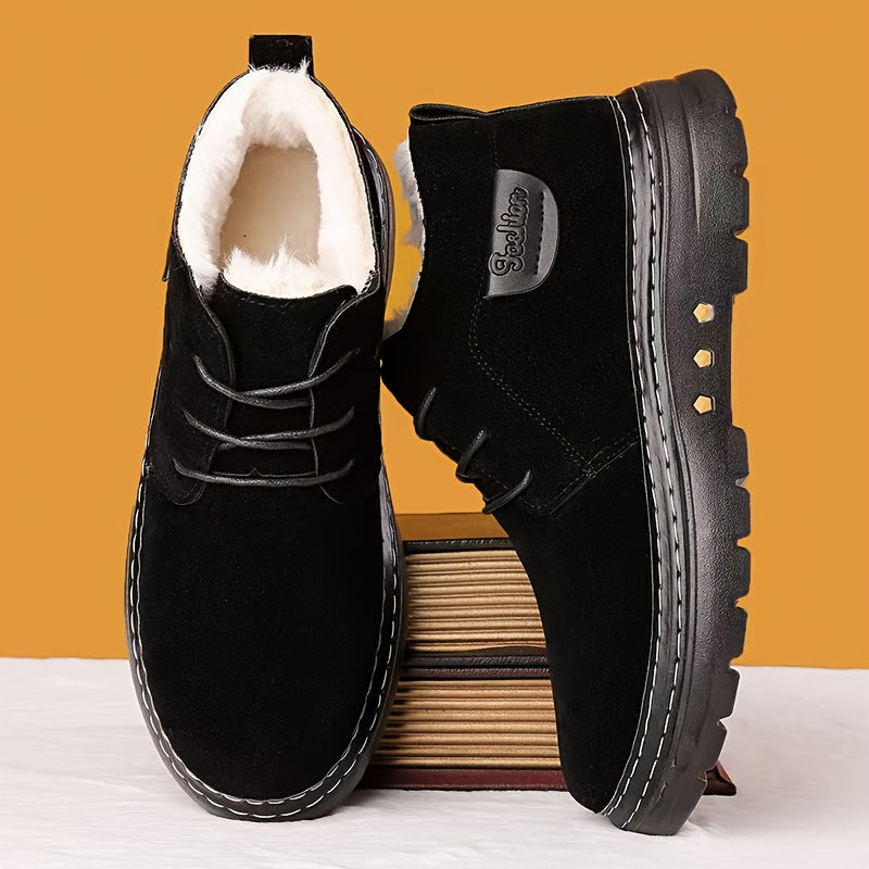 Men'S Hand-Stitched Winter Snow Boots - Slip-On Fleece-Lined Warmth, Non-Slip Rubber Sole, Thickened Insulation, Black Casual Short Boots for Cold Weather, Everyday Comfort Footwear, Durable Traction Footwear