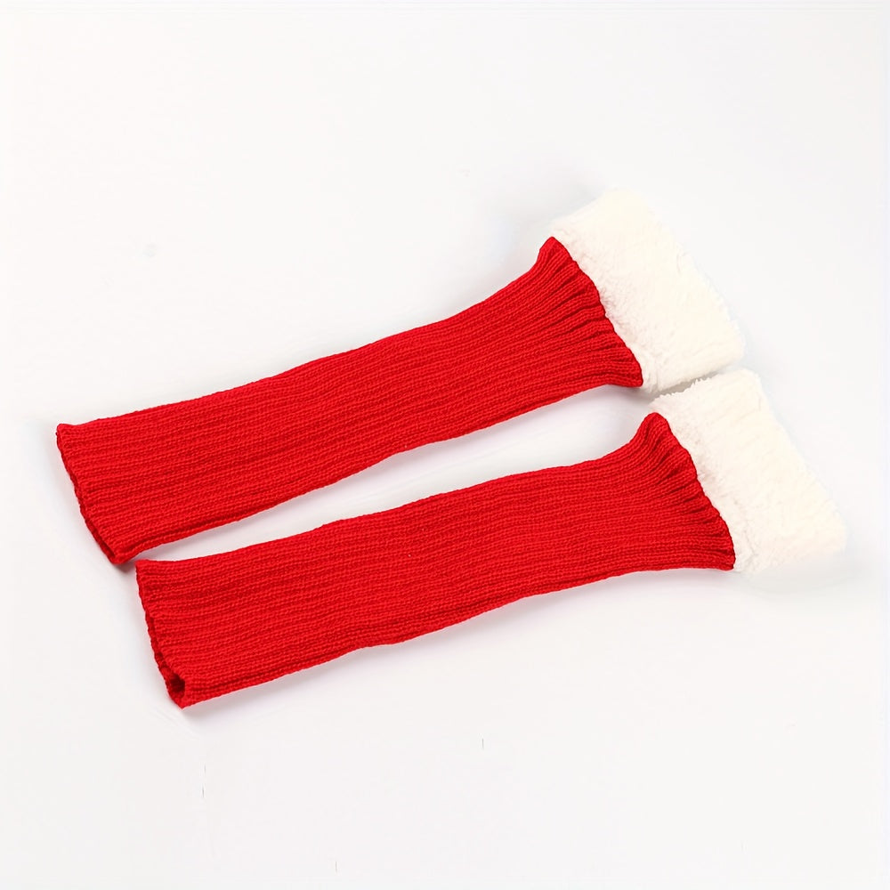 2pcs Women's Thermal Over-the-Knee (OTK) Leg Warmers & Footies - Thick Winter Warmth, Soft Fleece Lining, Red/White Cuff, Hand Washable, Snug Fit for Christmas, Casual & Formal Outfits - Ideal for Cold Weather & Layering, Sol