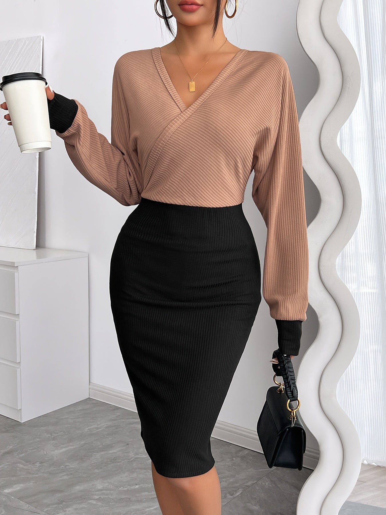 Elegant Color Block Long Sleeve V-neck Bodycon Dress | Midi Length, Solid Color, Suitable for Spring/Fall Season