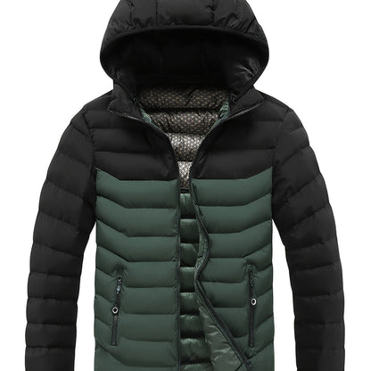 Men'S Winter Jacket with Detachable Hood - Black & Green Color Block, Zip-Up Casual Coat, Long Sleeve, Polyester Lining, Pockets, Regular Fit for Fall/Winter Outdoor Wear, Winter Coat, Fall Outerwear, Trendy Winter Jacket, Du
