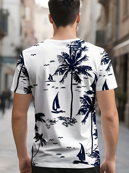 Men'S Quick-Dry Tropical Palm Tree Print T-Shirt - Breathable Round Neck Casual Tee for Summer, Outdoor  Daily Wear, Lightweight  Comfortable Fit, Outdoor Tshirt   Tropical Print Shirt   Comfortable Fit