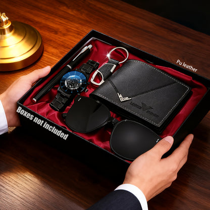 HIKUN 5pcs Men's Luxury Accessory Gift Set - Watch, Wallet, Keychain, Fashion Glasses, Pen Bundle with Zinc Alloy Strap & Quartz Movement Watch - /Anniversary Gift for Him, Dad, Boyfriend (Complete Surprise Set)