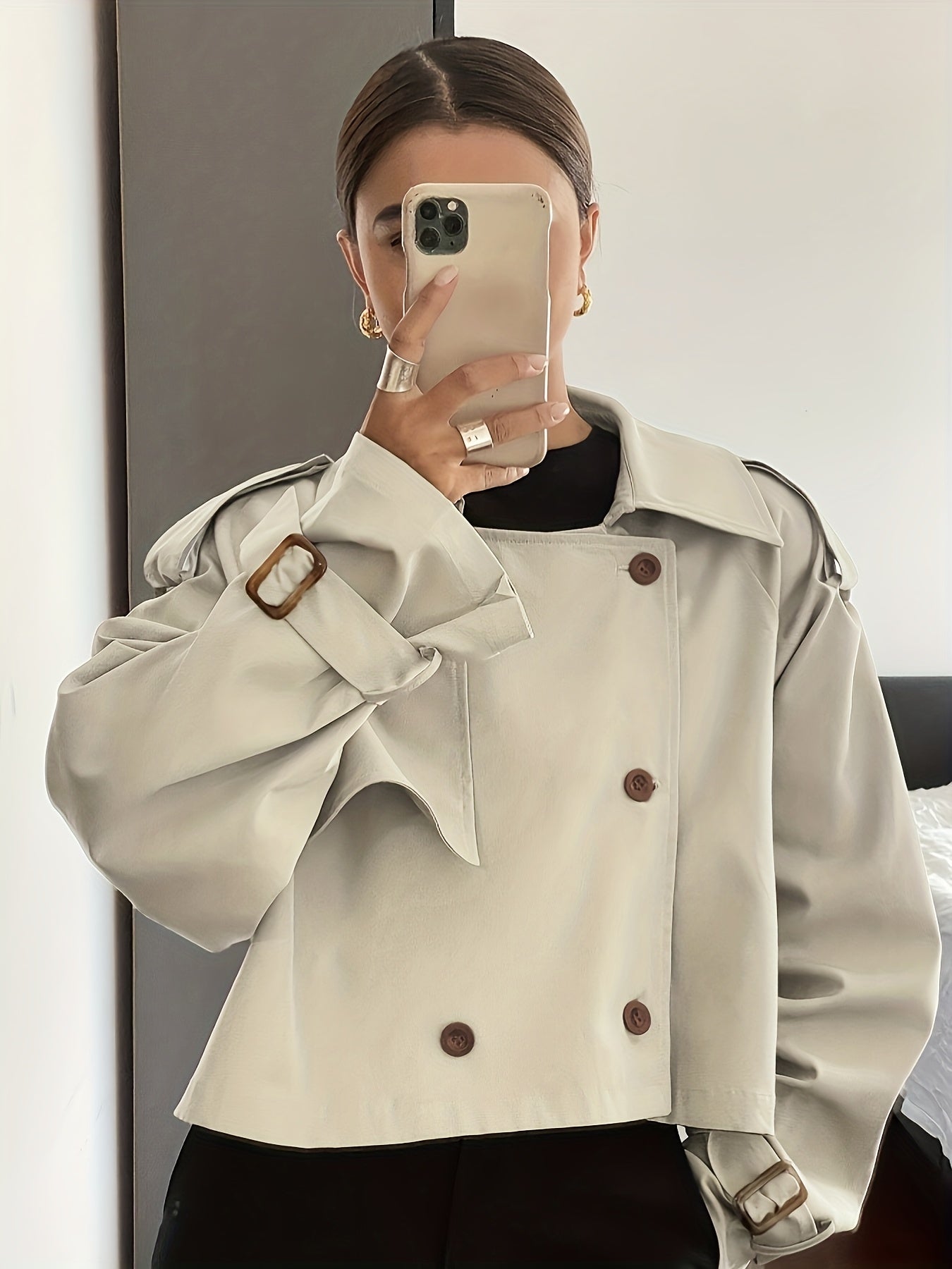 Women's Spring/Autumn Solid Color Simple Loose Casual Short Long Sleeve Trench Coat