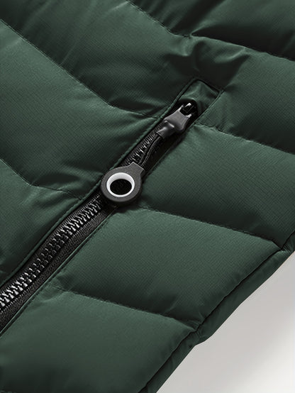 Men'S Winter Jacket with Detachable Hood - Black & Green Color Block, Zip-Up Casual Coat, Long Sleeve, Polyester Lining, Pockets, Regular Fit for Fall/Winter Outdoor Wear, Winter Coat, Fall Outerwear, Trendy Winter Jacket, Du