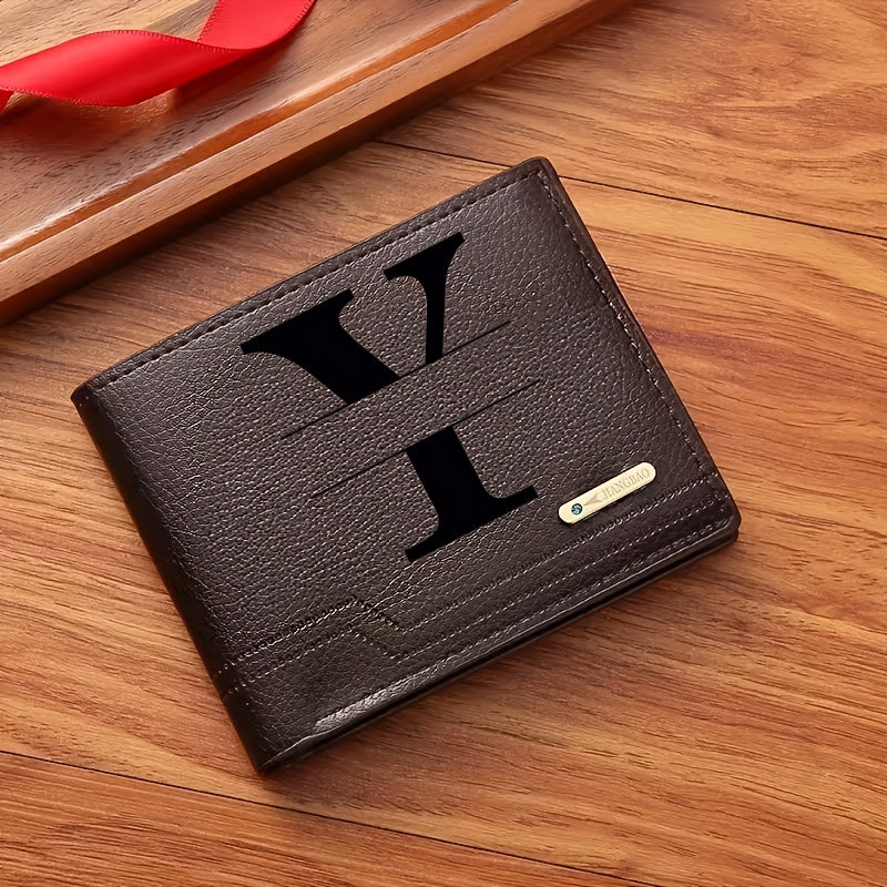 1pc Men's Business Style Faux Leather Wallet, Customizable Text and Initials, Solid Color Faux Leather with Contrast Accents, Compact Short Bifold Design for Easy Carrying - Perfect Birthday Gift for Boyfriend and Father, Per