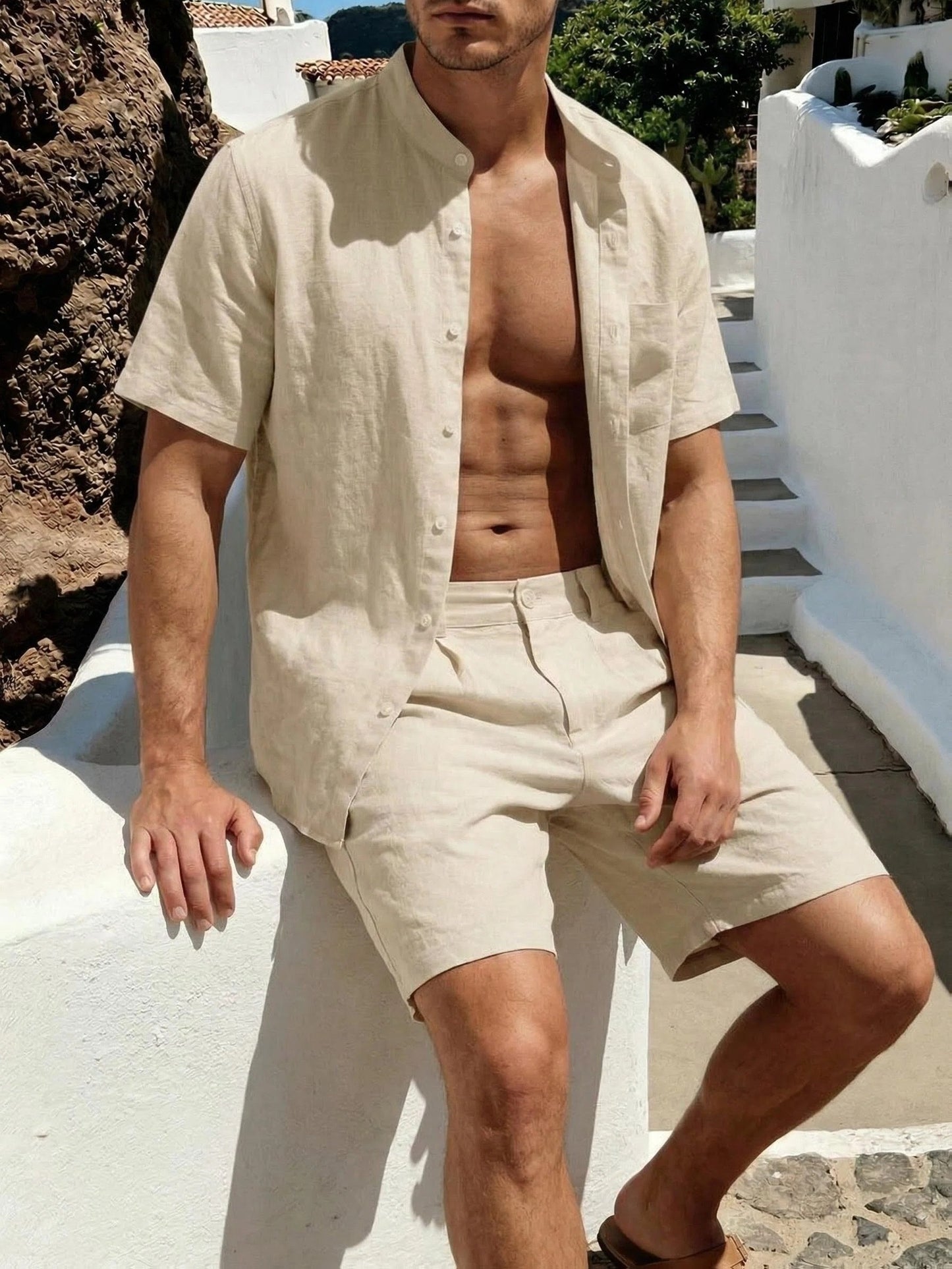 Men's Linen Short-Sleeve Shirt and Shorts Set for Summer Casual