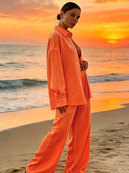 Elegant Solid Color Vacation Set: Loose Long-Sleeve Shirt & Wide-Leg P