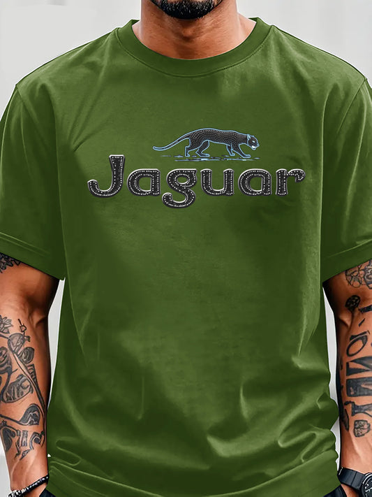 Men'S Jaguar Print Y2K Style T-Shirt - Red, Breathable  Comfortable Short Sleeve Crew Neck Tee for Casual Wear, Outdoor Activities, and Everyday Comfort, Everyday Clothing   Y2K Fashion Tee   Comfortable Fit