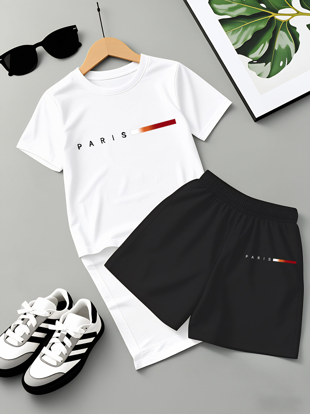 Boys' Summer Casual Striped T-Shirt & Shorts Set, Lightweight Polyeste