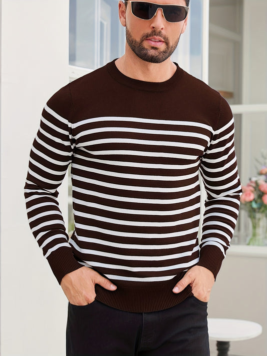 Spring And Autumn Casual Two-Color Striped Men'S Sweater Pullover Color-Block Round Neck Men'S Knitted Shirt