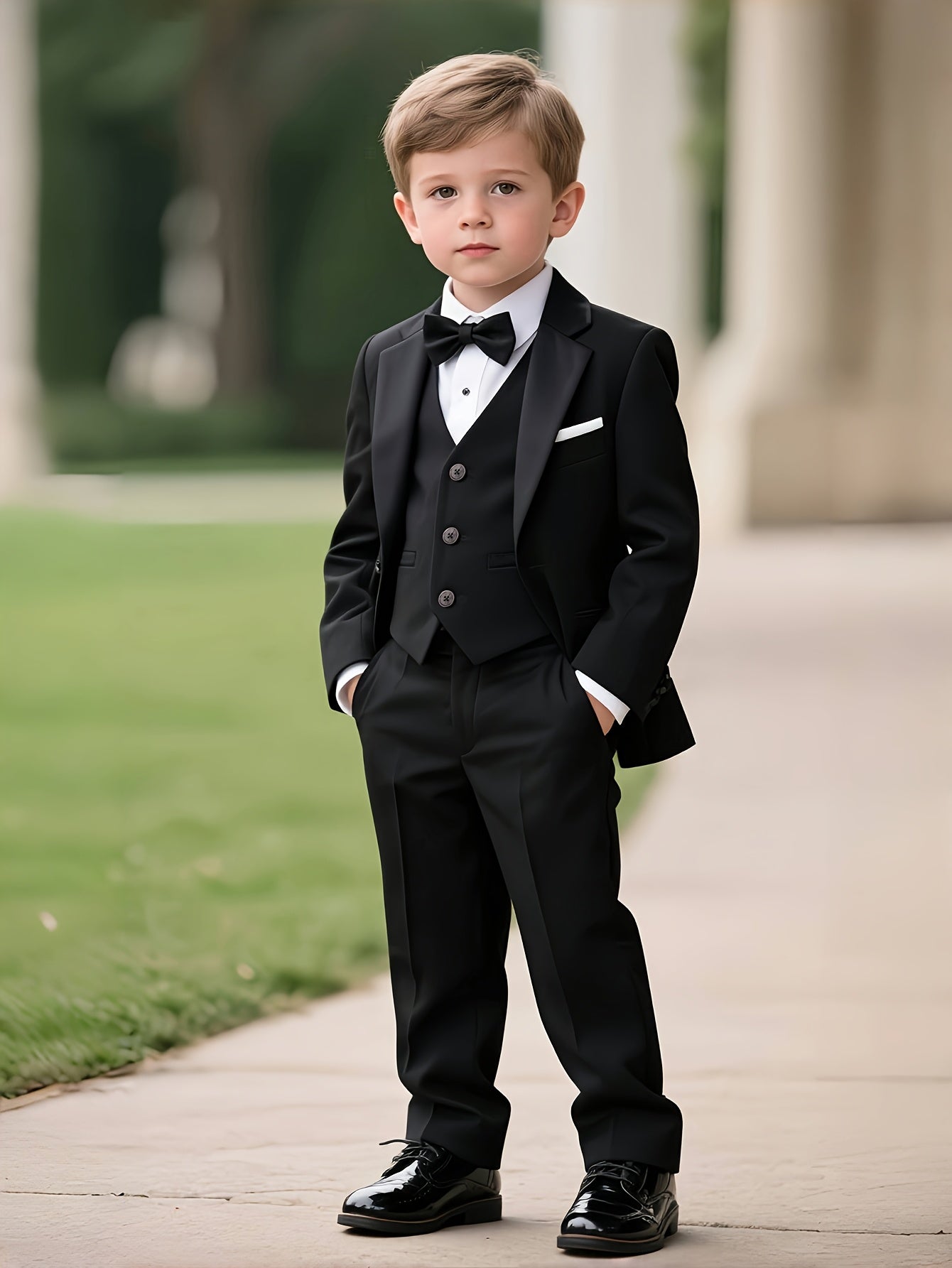 Boys Formal 3-Piece Suit Set Jacket Vest Pants with Bow Tie