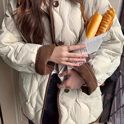 Women's Navy Blue Quilted Jacket with Faux Fur Trim - Elegant Long Sleeve Outerwear, Polyester, Button-Up Front, Warm & Stylish for Winter