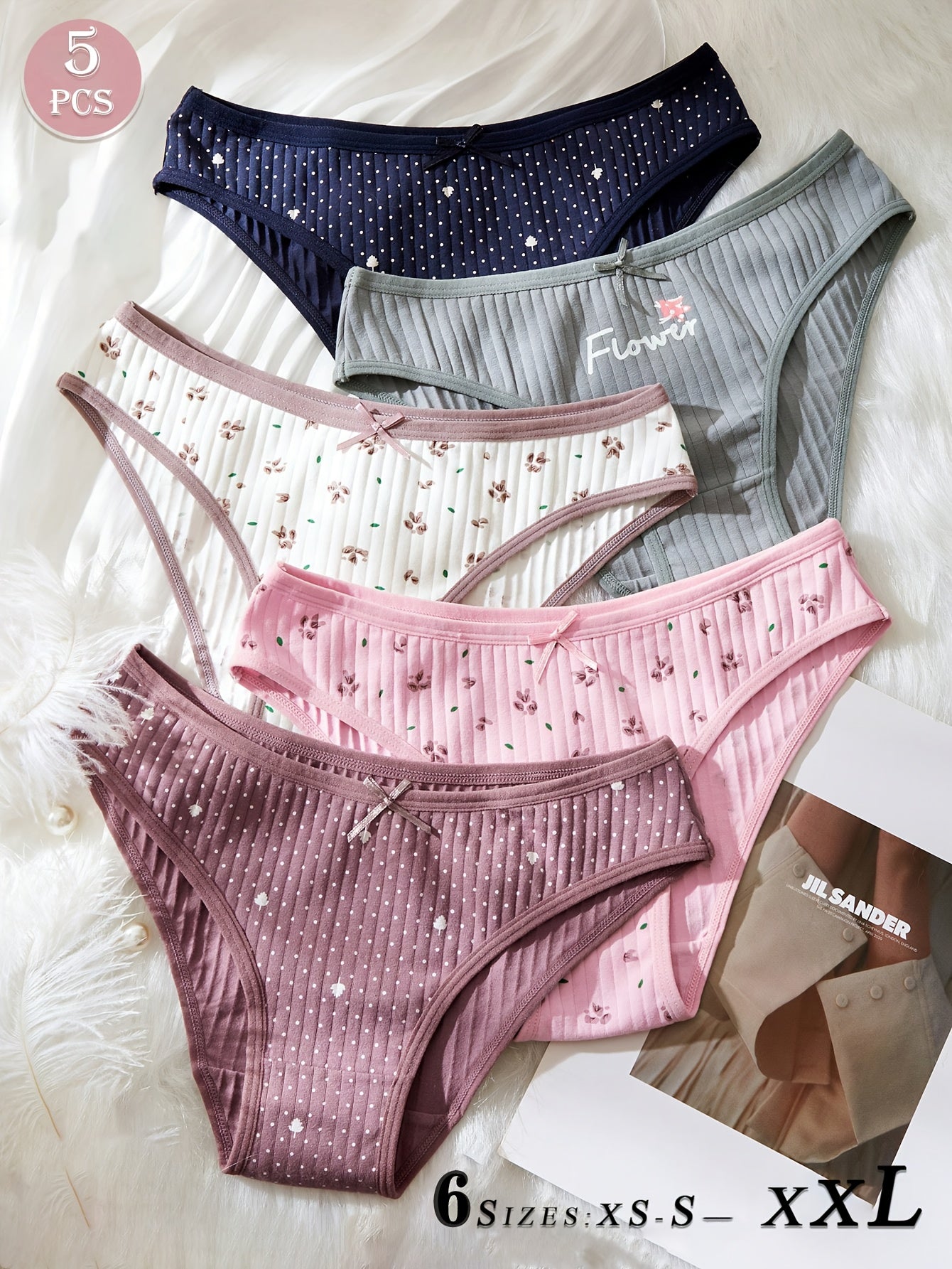 5-Pack Elegant Ribbed Cotton Women's Mid-Rise Briefs with Bow