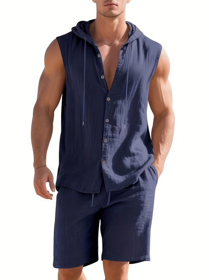Men's Summer Linen Hooded Sleeveless Shirt & Shorts Set