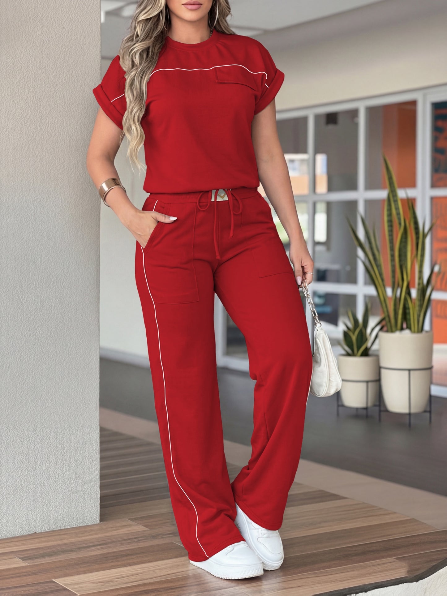 New Women'S Spring And Autumn Collection Featuring a Solid Color, Soft And Comfortable Round-Neck T-Shirt Paired with High-Waisted, Casual Straight-Leg Pants in a Two-Piece Set - ayq