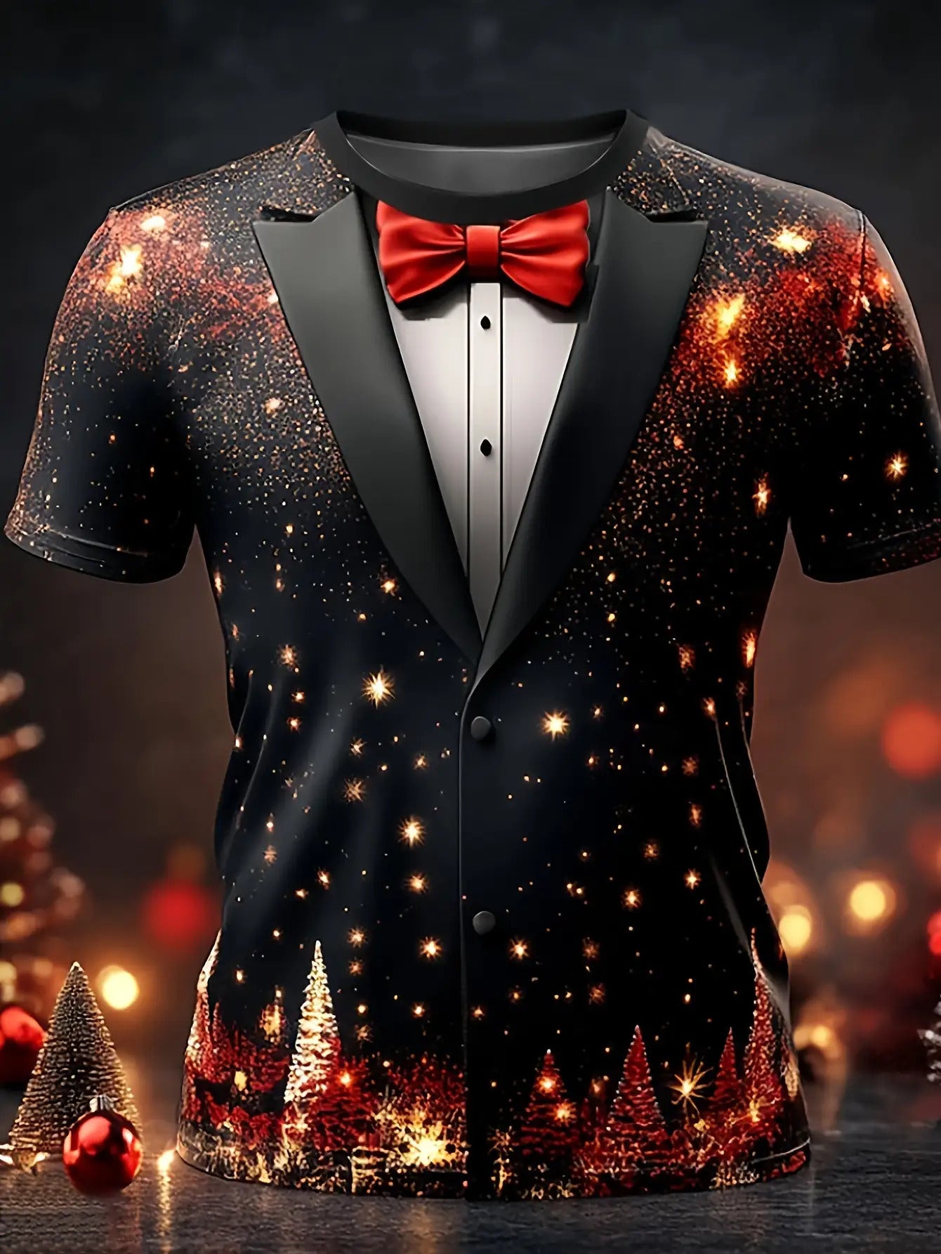 Men's Black & Golden Glittering Fireworks Print Tuxedo-like Party Shirt - 100% Polyester Knit, Slightly Stretchy Round Neck Short Sleeve, Plus Size Available - Machine Washable Holiday Party Outfit for New Year's Eve, Christm