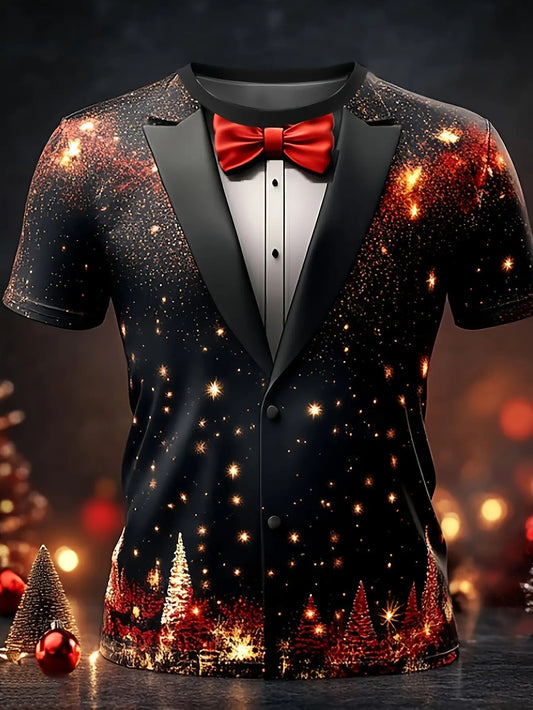 Men's Black & Golden Glittering Fireworks Print Tuxedo-like Party Shirt - 100% Polyester Knit, Slightly Stretchy Round Neck Short Sleeve, Plus Size Available - Machine Washable Holiday Party Outfit for New Year's Eve, Christm