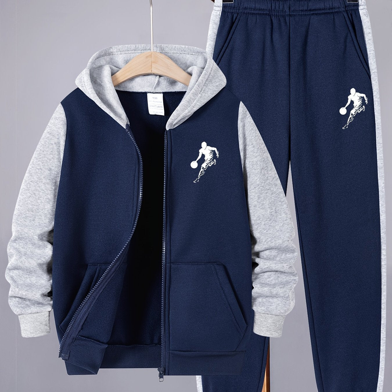 2pcs Boys' Casual Sportswear Set, Fashion Basketball Print Fleece-Lined Zip-Up Hoodie + Pants for Autumn and Winter, Suitable for Daily Wear and Outdoor Activities, Perfect for Outdoor