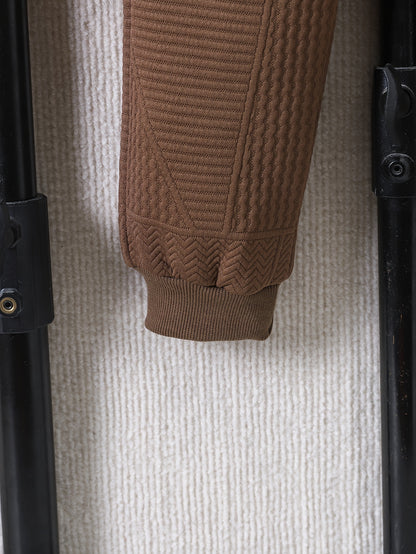 2pcs Boys' Casual Outfit Set, Long Sleeve Hooded Jacket with Embroidery and Zipper, Geometric Pattern Knit Pants, Polyester with Spandex Lining, Regular Fit for Autumn/Winter, for Outdoor