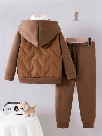 Boys' Fashion Set, Autumn/Winter Coffee Brown Hooded Lined Warm Jacket & Elastic Waist Velvet Pants with "ONPE‘" Letter Pattern - Casual Comfortable Thermal Sportswear Gift, Perfect for